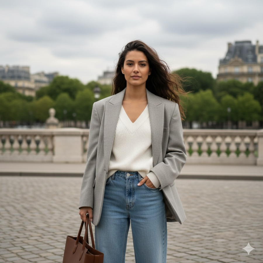 Chọn một chiếc blazer dáng rộng (oversized) với màu sắc tươi sáng như pastel, be hoặc xanh ngọc để tăng hiệu ứng hack tuổi